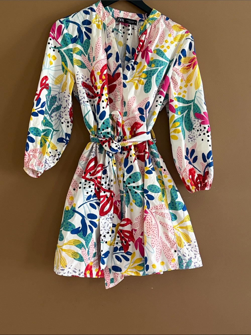 Zara White Multi Floral Tie-Waist Button Down Dress 100% Cotton